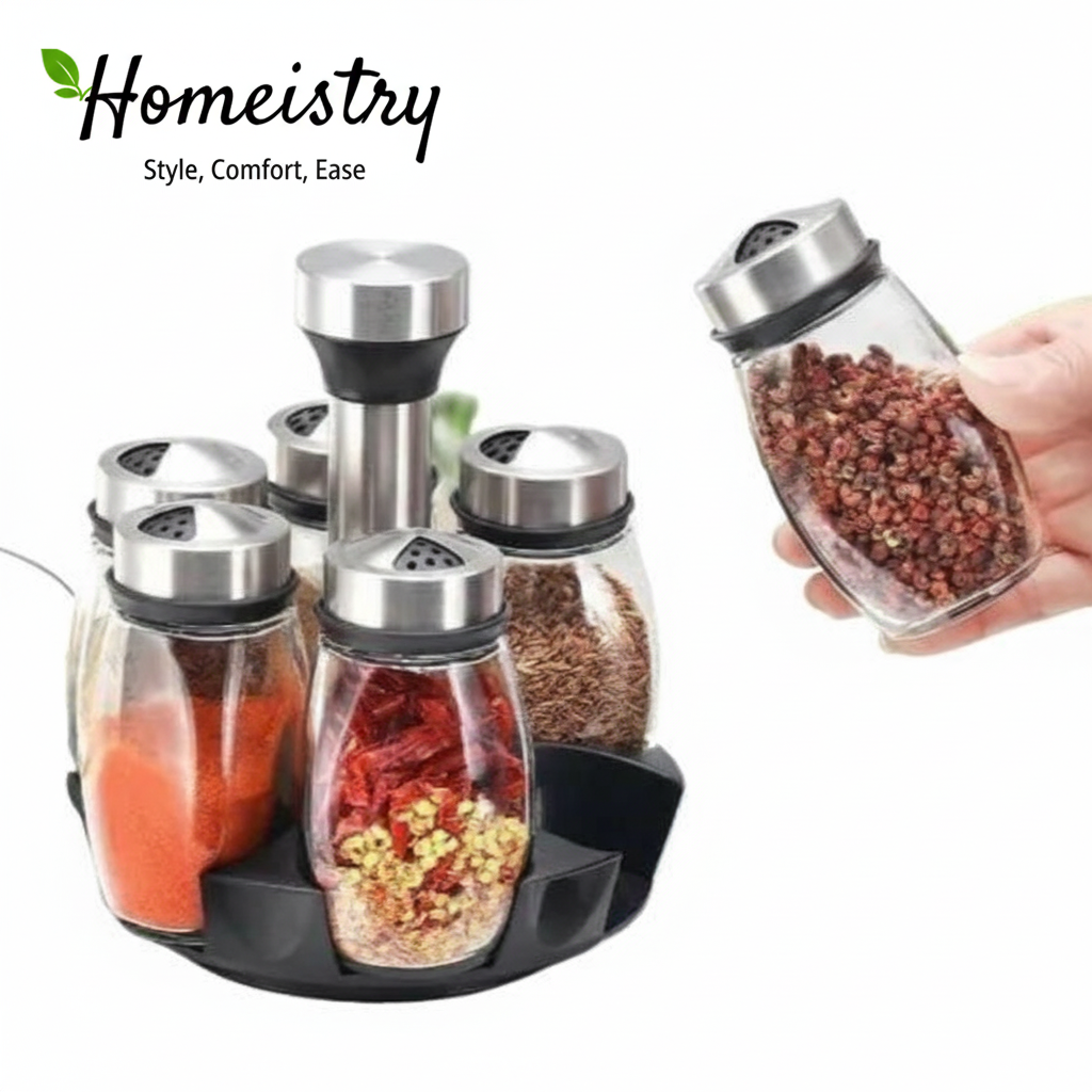 Set of glass spice jars with metal lids on a white background, featuring the brand 'Homeistry'.