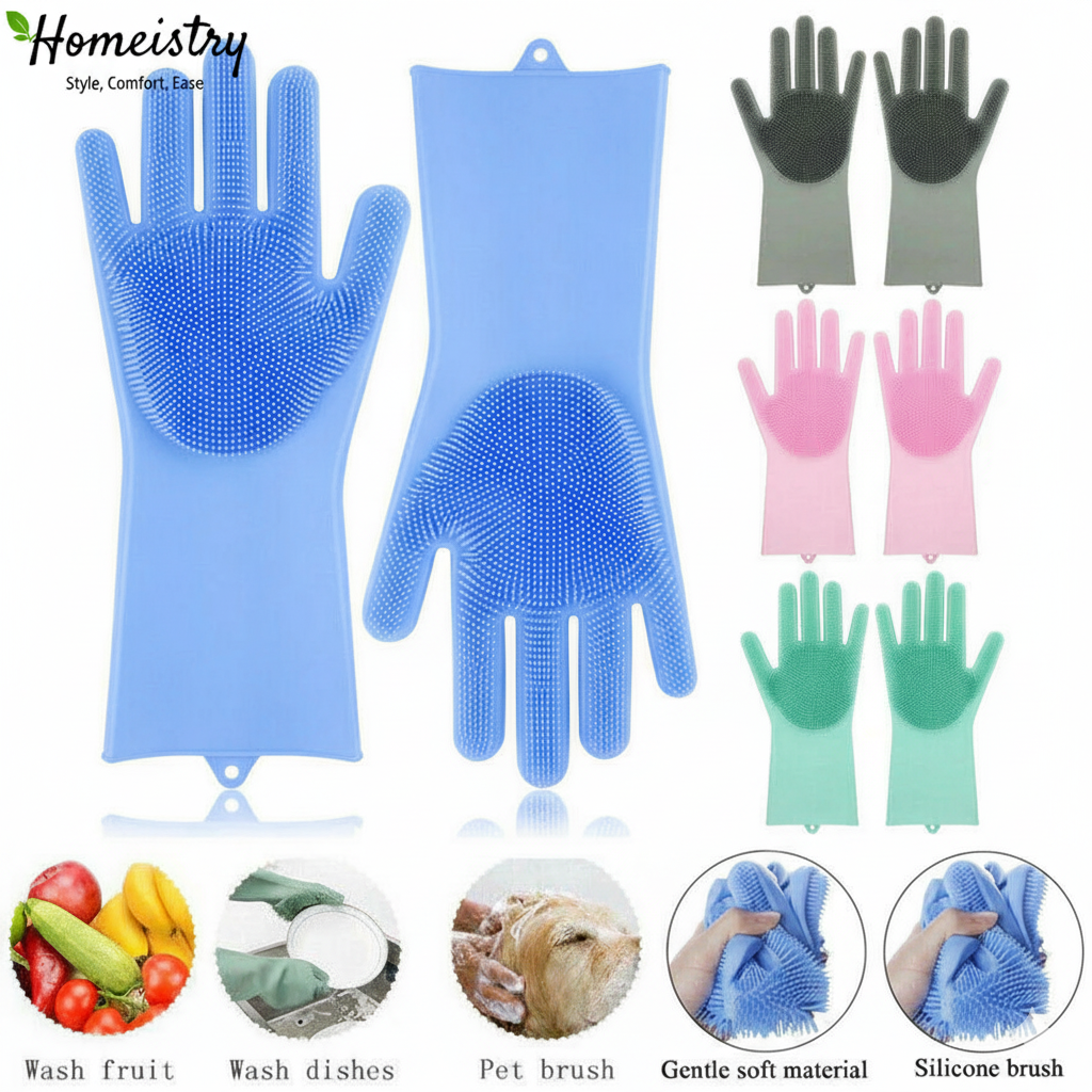 Set of silicone gloves in various colors with cleaning applications shown below.
