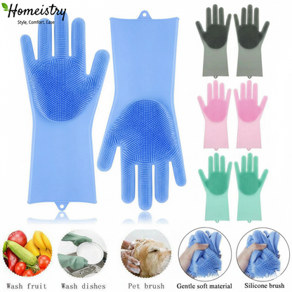 Set of silicone gloves in various colors with cleaning applications shown below.