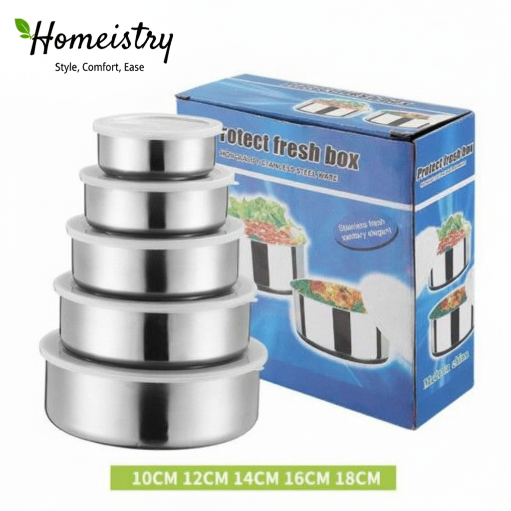 Set of stainless steel containers with a 'Homeistry' branded box in the background