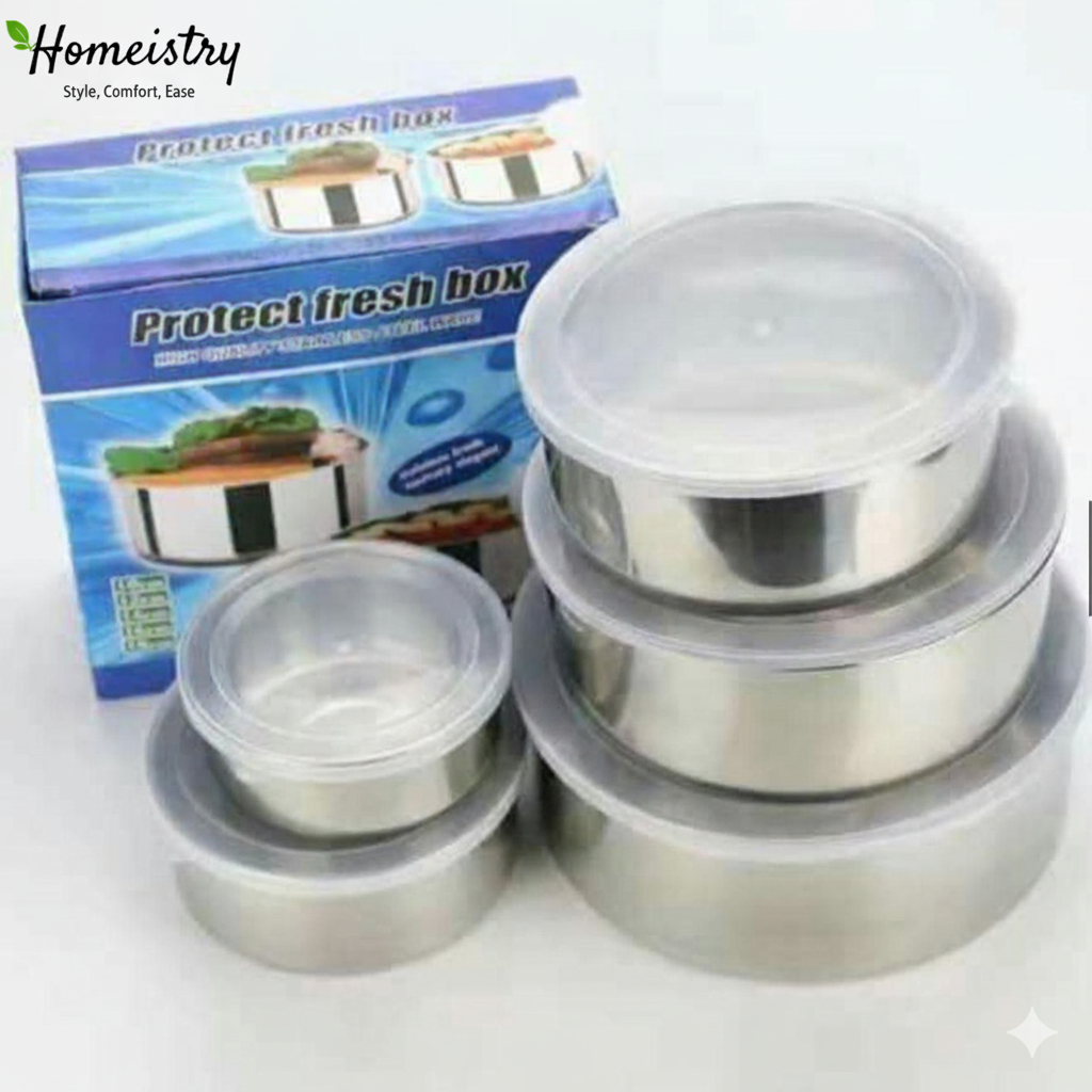 Set of stainless steel containers with lids and packaging labeled 'Protect fresh box' on a white background.