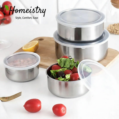 Set of stainless steel food containers with fresh vegetables on a white background, featuring the Homeistry brand.