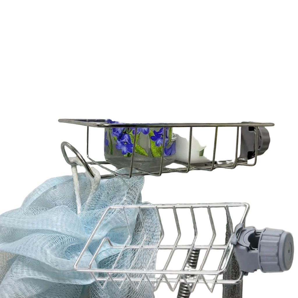 Shower caddy with toiletries and a loofah on a tiled wall, featuring Homeistry branding.