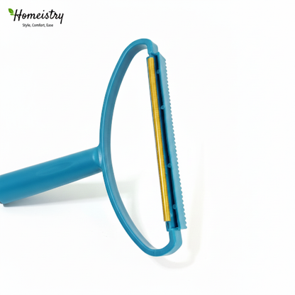 Side view of the blue lint remover showing the copper blade and comb teeth profile.