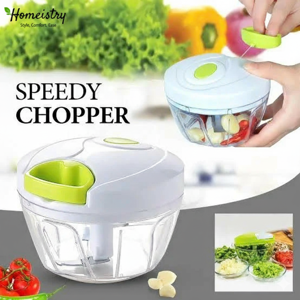 Speedy Chopper with vegetables and a hand using it, branded 'Homeistry'.