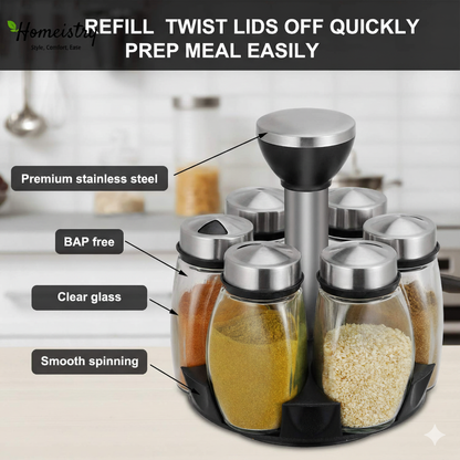 Spinning spice rack with labeled features on a kitchen counter