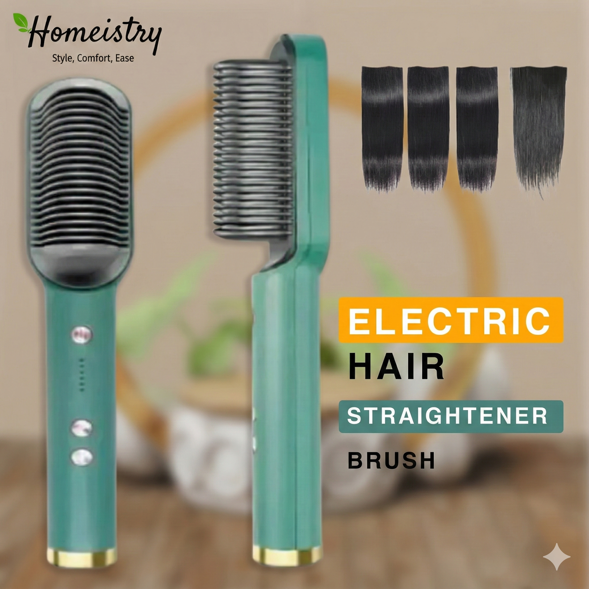 Teal electric hair straightener brush with comb attachment on a blurred background