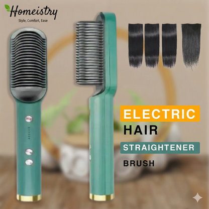 Teal electric hair straightener brush with comb attachment on a blurred background