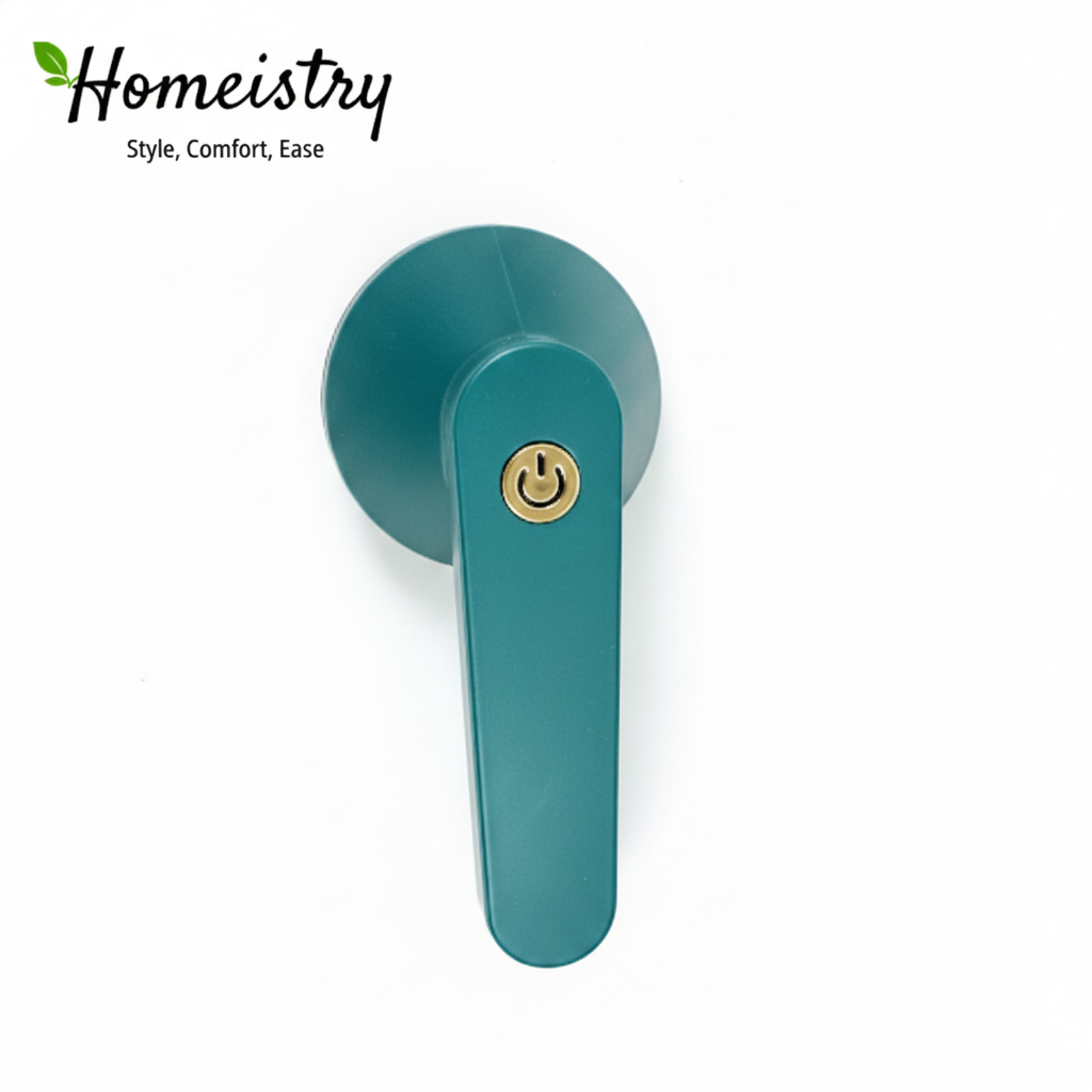 Teal lint remover back side with gold lock on a white background, featuring the Homeistry brand.