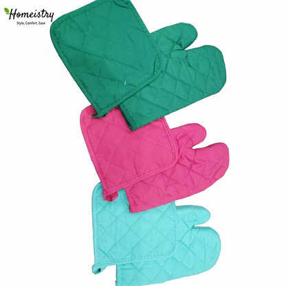 Three colorful quilted oven mitts on a white background with 'Homeistry' branding.