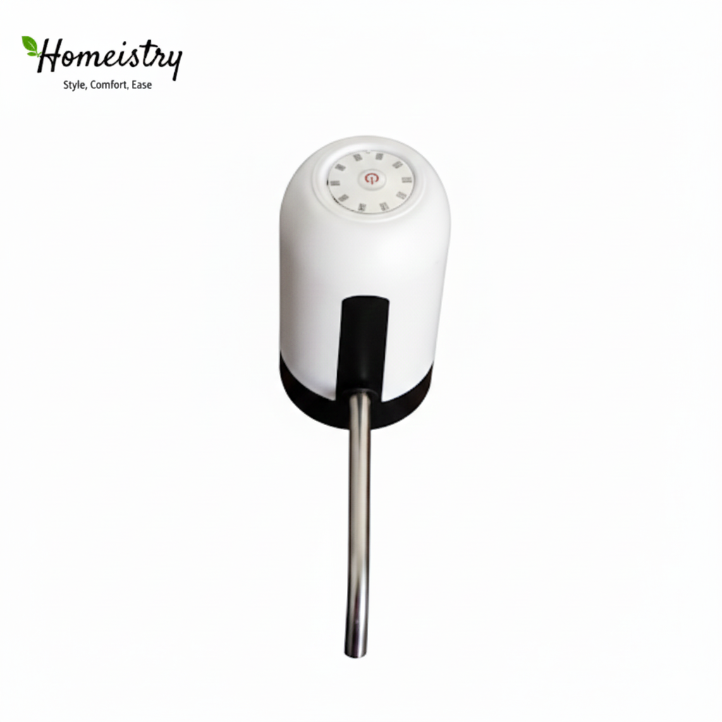 Top view of Homeistry white and black electric water dispenser with stainless steel spout.