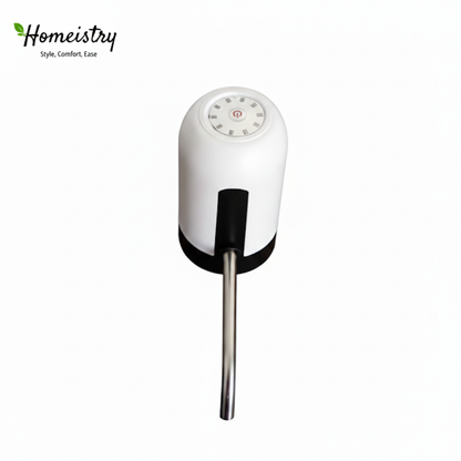 Top view of Homeistry white and black electric water dispenser with stainless steel spout.