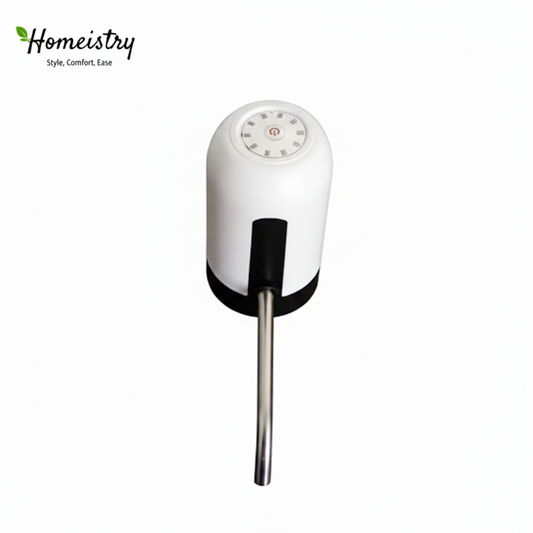 Top view of Homeistry white and black electric water dispenser with stainless steel spout.
