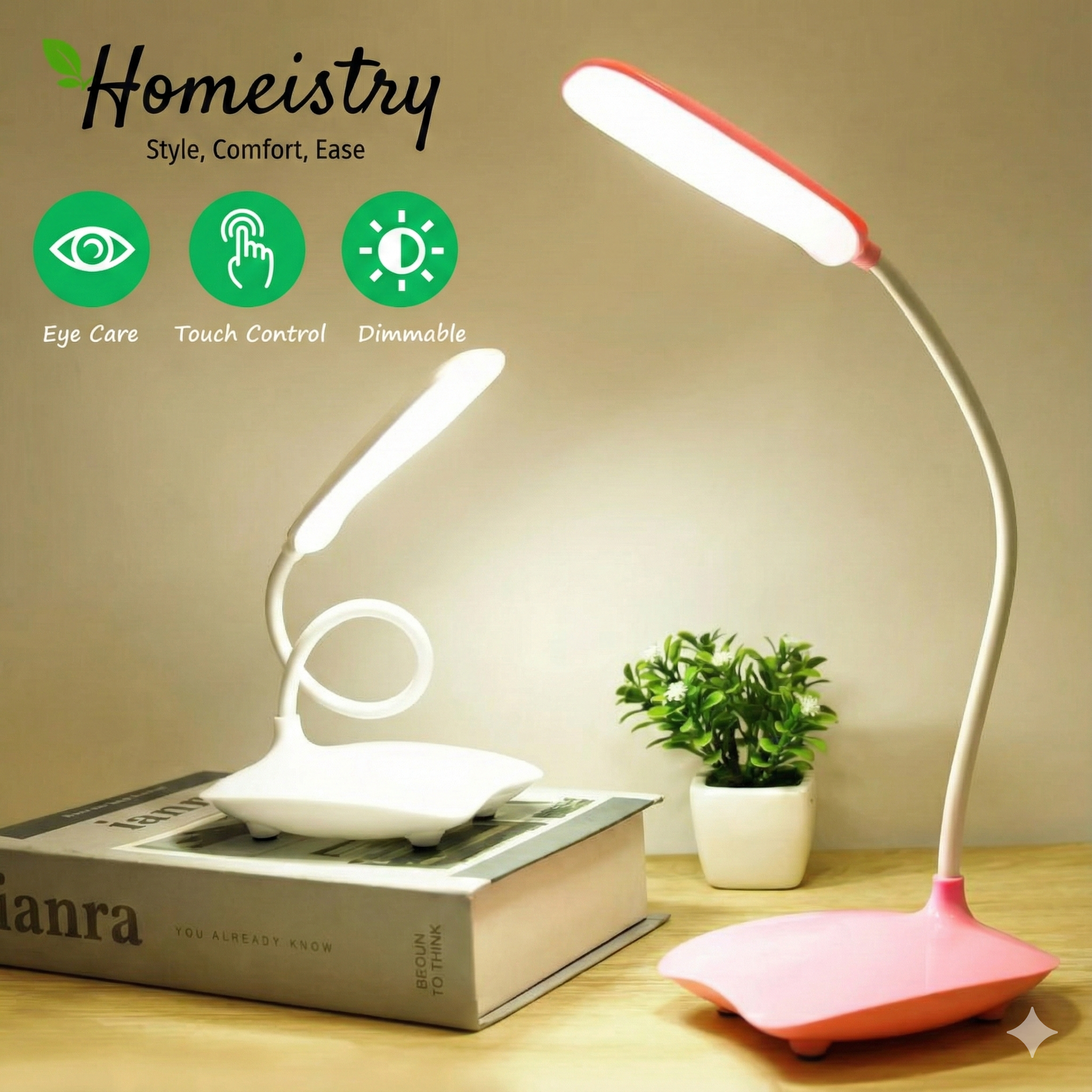 Two LED desk lamps on a table with a plant, featuring the Homeistry brand.