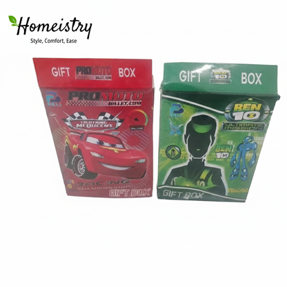 Two gift boxes with racing car and superhero design on a white background, featuring the Homeistry brand.