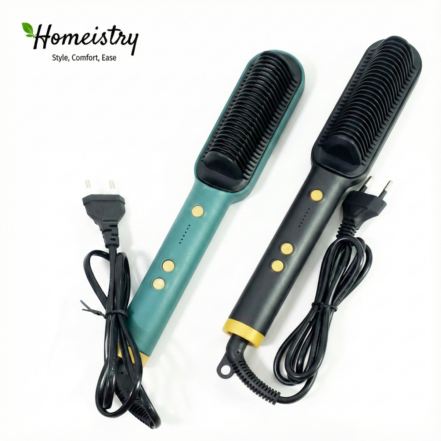 Two hair styling tools with cords on a white background, featuring the Homeistry brand.