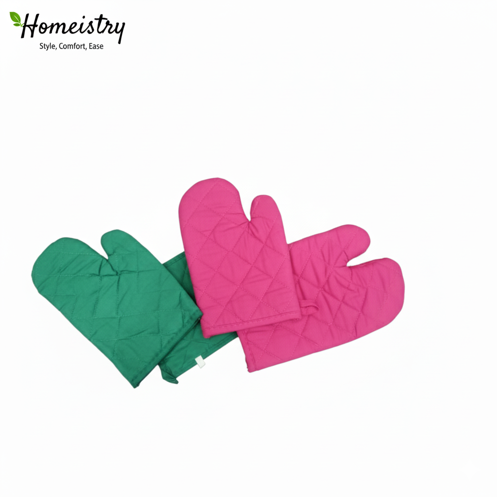 Two pairs of oven mitts, one green and one pink, on a white background with 'Homeistry' branding.