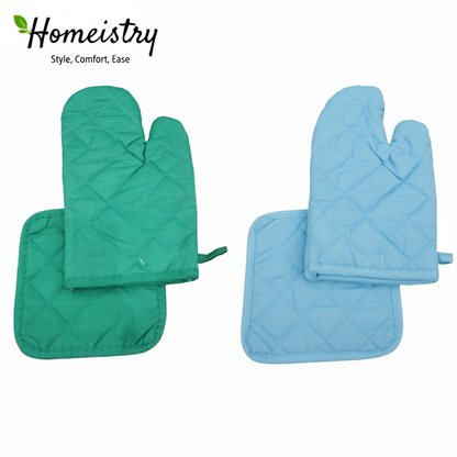 Two sets of green and blue oven mitts and pot holders with Homeistry branding on a white background.