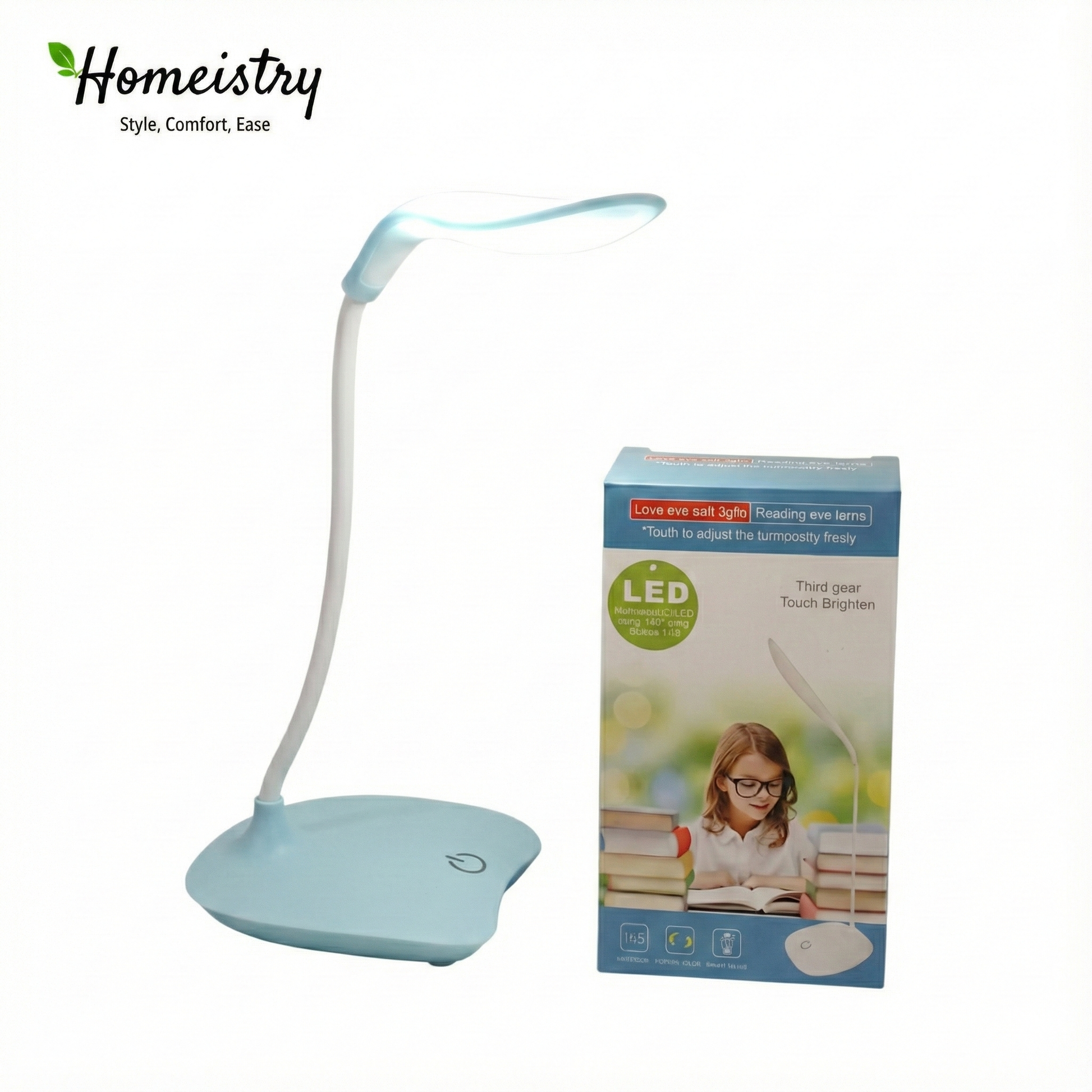 Light blue LED desk lamp with packaging featuring a child reading on a white background, branded 'Homeistry'.