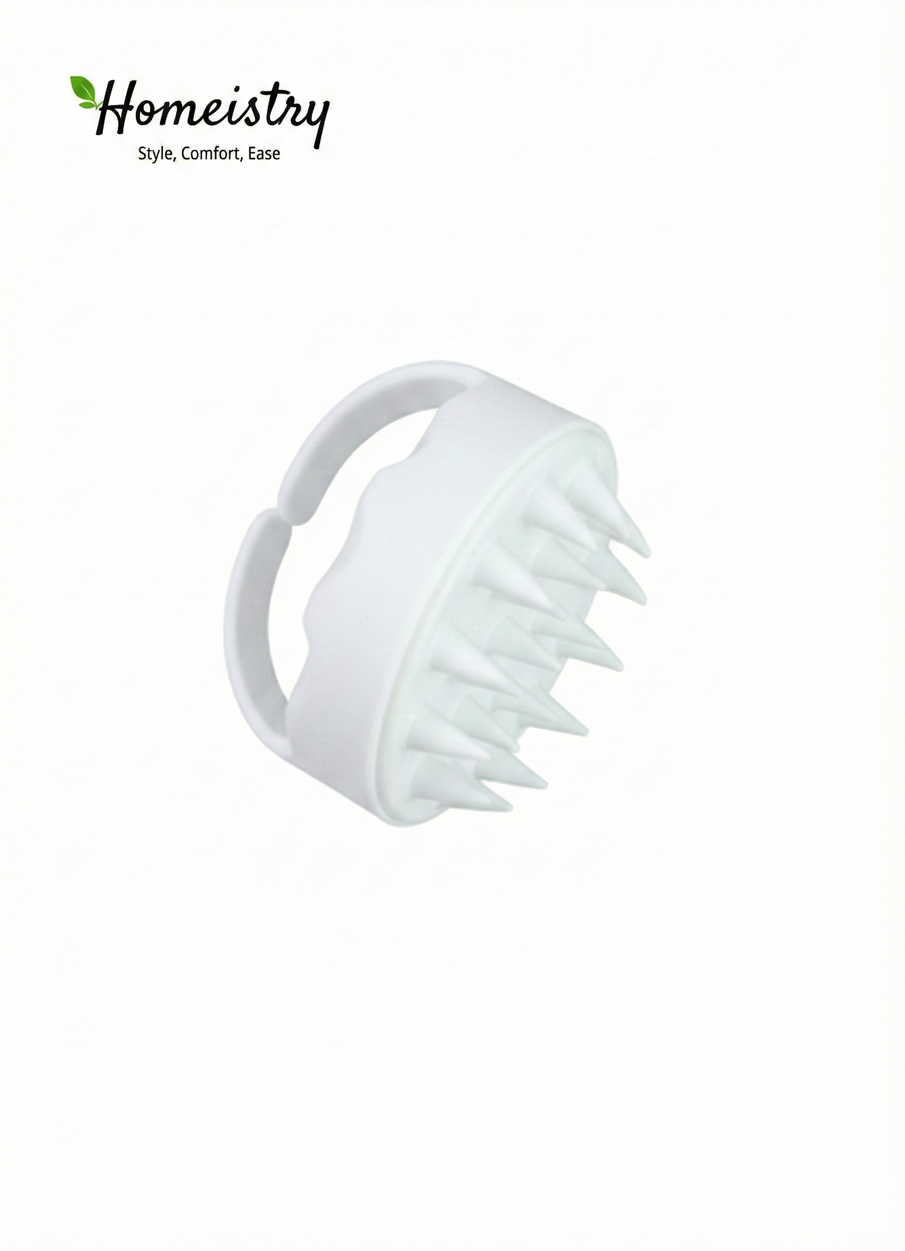 White scalp massager on a white background with 'Homeistry' branding.
