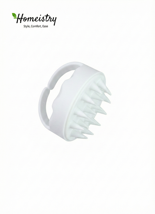 White scalp massager on a white background with 'Homeistry' branding.