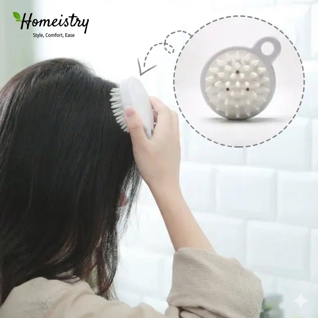 Person using a scalp brush with 'Homeistry' branding in the corner.