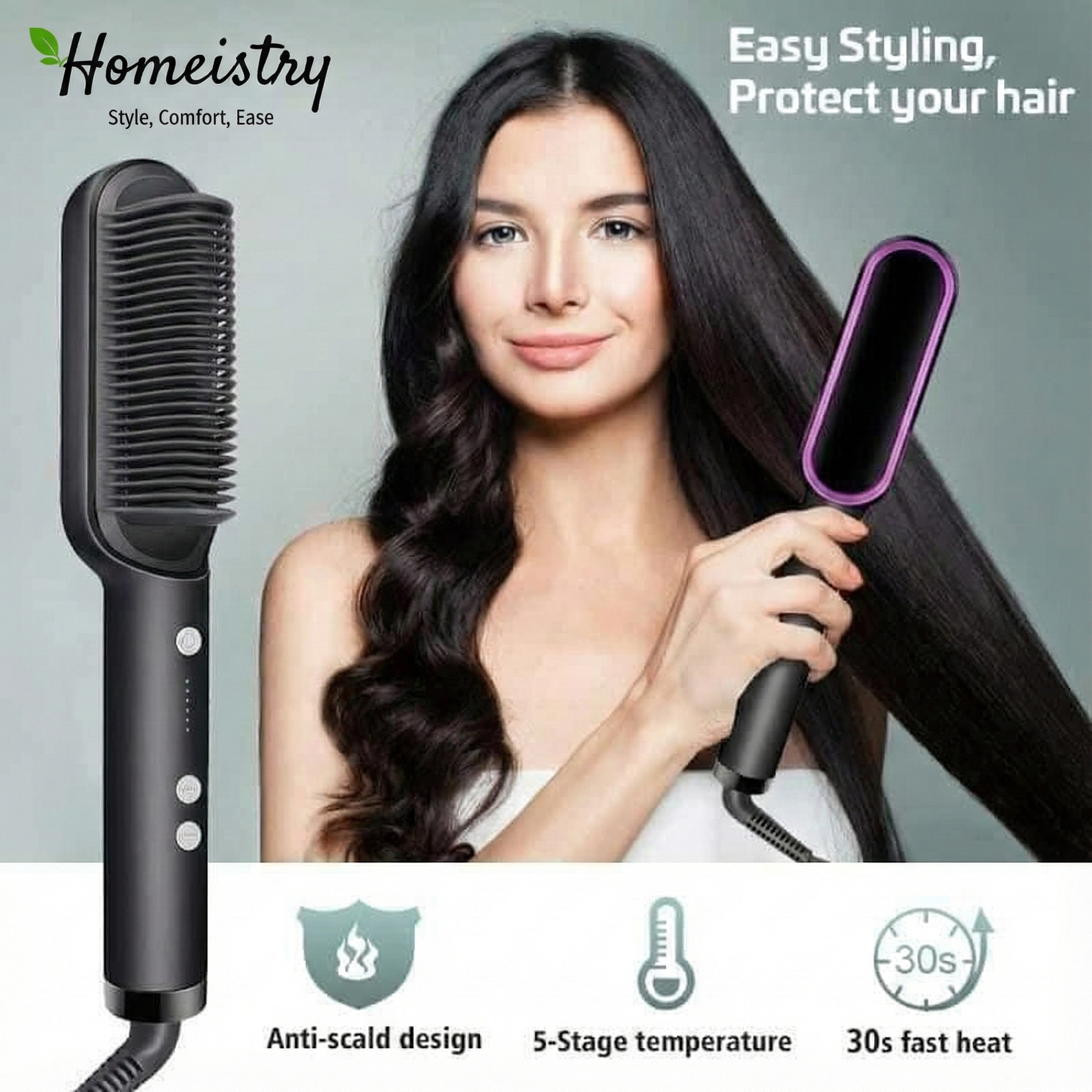 Woman using a hair styling tool with Homeistry branding and product features displayed.