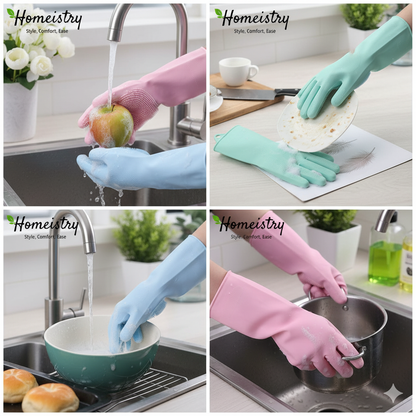 Collage of hands wearing pink, blue, and green gloves performing kitchen tasks with Homeistry branding.