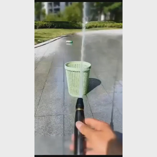 Video demonstration of Homeistry high pressure water gun cleaning floors, cars, and watering plants with adjustable spray modes.