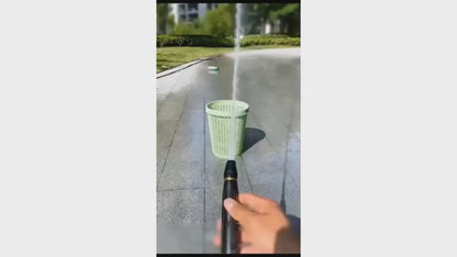 Video demonstration of Homeistry high pressure water gun cleaning floors, cars, and watering plants with adjustable spray modes.