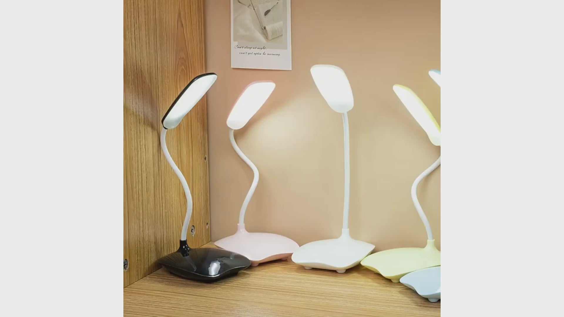 Demonstration of flicker-free LED light and USB charging port on a portable desk lamp.